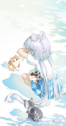 Rule 34 | 1girl, aqua ribbon, blue skirt, bow-shaped hair, braid, cat shadow puppet (meme), from behind, full body, grey cat, hair ribbon, harutatsunoki, highres, long hair, luo tianyi, meme, orange cat, plaid clothes, plaid skirt, ribbon, shadow, shirt, short sleeves, skirt, solo, squatting, t-shirt, very long hair, vocaloid, vsinger (vocaloid), white hair, white shirt