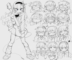 +++ 1girl :/ :c :d :o @_@ anger_vein blazer blunt_bangs blush breasts cable chibi chibi_inset closed_mouth commentary covering_own_mouth crossed_arms disappointed dress_shirt earrings electric_guitar english_commentary multiple_expressions facing_viewer fang flustered full_body guitar hair_ornament hairband hand_on_own_face hand_up hands_on_own_chest hands_up holding holding_guitar holding_instrument hoop_earrings instrument jacket jewelry laughing light_blush long_hair long_sleeves looking_at_viewer looking_up loose_socks medium_breasts miniskirt mole mole_under_eye monochrome necktie nose_blush open_mouth original pleated_skirt puffy_cheeks school_uniform shirt shoes simple_background skirt slammo smile smug socks standing star_(symbol) star_hair_ornament surprised sweat tearing_up white_background