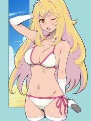 Rule 34 | 1girl, alternate costume, bikini, blonde hair, breasts, brown eyes, cleavage, collarbone, commentary request, controller, elbow gloves, gloves, hairu, hand on own head, highres, holding, holding remote control, large breasts, long hair, looking at viewer, navel, one eye closed, open mouth, remote control, shokuhou misaki, side-tie bikini bottom, simple background, solo, star-shaped pupils, star (symbol), swimsuit, symbol-shaped pupils, thighhighs, toaru kagaku no mental out, toaru kagaku no railgun, toaru majutsu no index, white bikini, white gloves, white thighhighs