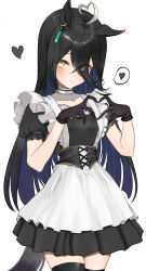 Rule 34 | 1girl, absurdres, ahoge, amasa (ama sa3), animal ears, black gloves, finger heart, gloves, hair between eyes, heart, heart ahoge, highres, horse ears, horse girl, horse tail, long bangs, long hair between eyes, maid, manhattan cafe (umamusume), simple background, solo, speech bubble, tail, umamusume, white background, yellow eyes