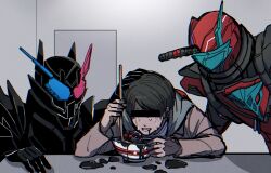 2boys 6429osushi armor bar_censor black_armor blank_room_soup blood_stalk bowl brown_hair brown_hoodie brown_jacket censored censored_identity clenched_teeth commentary_request crying dual_persona film_grain hand_on_another&#039;s_back hand_on_another&#039;s_head hazard_trigger highres holding holding_ladle hood hoodie indoors jacket kamen_rider kamen_rider_build kamen_rider_build_(rabbittank_hazard_form) kamen_rider_build_(series) kiryuu_sento ladle looking_at_another male_focus multiple_boys parody red_armor short_hair sweatdrop teeth tokusatsu