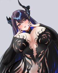 1girl absurdres asymmetrical_horns black_dress black_hair black_horns blue_hair blush breasts chronopattern_dress cleavage dress grey_background highres hololive hololive_english horns huge_breasts itszenvy meme_attire mole mole_under_eye multicolored_hair nerissa_ravencroft revealing_clothes simple_background solo two-tone_hair uneven_horns upper_body virtual_youtuber