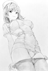 1girl absurdres bow bow_panties breasts closed_mouth clothes_lift clothes_pull come_hither commentary_request covered_navel crotch_seam dress dress_lift from_below graphite_(medium) greyscale hat highres large_breasts lensia light_smile looking_at_viewer looking_down medium_hair monochrome nurse nurse_cap original panties pantyhose pantyhose_pull pulling_own_clothes short_dress short_sleeves solo traditional_media underwear