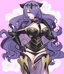 Rule 34 | 1girl, absurdres, armor, black armor, black horns, black panties, breasts, camilla (fire emblem), capelet, cleavage, closed mouth, commentary, english commentary, fake horns, fire emblem, fire emblem fates, gauntlets, hair ornament, hair over one eye, hand on own hip, highres, horns, large breasts, lips, long hair, looking at viewer, missandydandy, nintendo, one eye covered, panties, pelvic curtain, pink lips, purple capelet, purple eyes, purple hair, see-through clothes, see-through pelvic curtain, smile, solo, swept bangs, underwear, very long hair, wavy hair