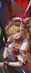 1girl 6+others absurdres bird blush boots breasts brown_eyes castle demon_wings dress fang flandre_scarlet grin hat highres jewelry multiple_others ponytail red_boots red_dress ribbon small_breasts smile standing touhou vkrv4873 white_hat wings