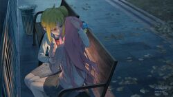 2girls ahoge bench blonde_hair bocchi_the_rock! cube_hair_ornament detached_ahoge gotoh_hitori hair_ornament hug ijichi_nijika jacket jojeshi multiple_girls night on_bench one_side_up pink_hair pink_jacket pink_track_suit side_ahoge side_ponytail sitting track_jacket track_suit