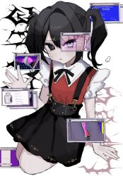1girl @_@ \n/ ame-chan_(needy_girl_overdose) black_hair blonde_hair blue_eyes bow chouzetsusaikawa_tenshi-chan drawn_wings drugs dual_persona full_body game_over hair_bow hair_ornament heterochromia highres looking_at_viewer multiple_scars neck_ribbon needy_girl_overdose on_ground pill_bottle red_shirt revealing_layer ribbon scar scar_on_arm seiza self-harm_scar shirt short_twintails sidelocks sitting skirt sparkle suspender_skirt suspenders sweatdrop twintails uxvqx vaporwave window_(computing) winged_sleeves x_hair_ornament