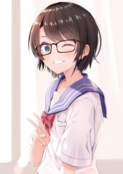 1girl absurdres aqua_eyes blouse borumete bow bowtie brown_hair clenched_teeth from_side grin highres hololive nail_(hardware) one_eye_closed oozora_subaru red_bow red_bowtie sailor_collar school_uniform serafuku shirt short_hair short_sleeves smile solo swept_bangs teeth v virtual_youtuber white_shirt
