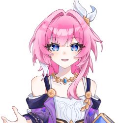 1girl :d bare_shoulders blue_eyes camisole chinese_commentary collarbone commentary_request cyrene_(honkai:_star_rail) diamond-shaped_pupils diamond_(shape) hair_intakes highres honkai:_star_rail honkai_(series) jewelry looking_at_viewer medium_hair multicolored_hair necklace open_mouth pink_hair pink_pupils simple_background smile solo spaghetti_strap streaked_hair symbol-shaped_pupils tanyi_(mimanchi27991) upper_body white_background white_camisole white_hair