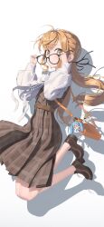 1girl absurdres black-framed_eyewear blonde_hair blue_pupils blush breasts brown_dress dress full_body glasses highres long_hair long_sleeves looking_at_viewer original pinafore_dress plaid_clothes plaid_dress removing_eyewear rui_(rei_leyi) shirt simple_background sleeveless sleeveless_dress small_breasts smile solo twintails white_background white_shirt