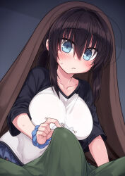 1boy 1girl blue_eyes blush breasts bulge erection erection_under_clothes hetero highres large_breasts null_(nyanpyoun) original