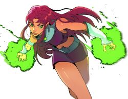 1girl armlet aura bracer closed_mouth colored_sclera colored_skin crop_top dc_comics green_eyes green_sclera highres isaacchief300 jewelry long_hair looking_at_viewer midriff navel orange_skin purple_shirt purple_skirt red_hair shirt sidelocks skirt sleeveless sleeveless_shirt solo starfire stomach superhero_costume teen_titans teen_titans_(tv_series) white_background
