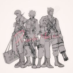 Rule 34 | 1girl, 3boys, cigarette, facial hair, full body, gun, hatake kakashi, highres, holding, holding gun, holding weapon, long hair, mask, mi lu zaosheng, might guy, mouth mask, multiple boys, naruto (series), sarutobi asuma, shirt, short hair, smoke, smoking, weapon, yuuhi kurenai