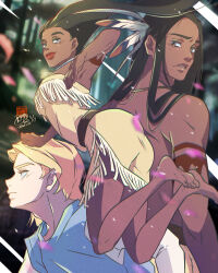110isato 1girl 2023 absurdres barefoot black_hair blonde_hair brown_eyes disney disney_princess dress falling_petals feathers fringe_trim genderswap hair_ornament highres john_smith_(disney) long_hair looking_back midair native_american native_american_clothes petals pocahontas_(disney) red_lips short_hair signature tattoo tight_clothes tight_dress tribal_tattoo