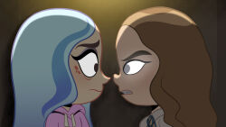 2girls andrea_davenport blue_hair closed_mouth commentary crossover english_commentary freckles grey_eyes highres hood hoodie joseartcentenoofficial long_hair m3gan m3gan_(character) multicolored_hair multiple_girls open_mouth pink_hoodie teeth the_ghost_and_molly_mcgee toon_(style)