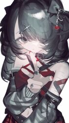 Rule 34 | 1girl, ame-chan (needy girl overdose), arm warmers, bandaid, bandaid on arm, belt, belt collar, black eyes, black hair, bow, collar, criss-cross straps, double-parted bangs, dress, hair bow, hair ornament, hair over one eye, head tilt, highres, jewelry, looking at viewer, midriff, midriff peek, mika3kami, multiple rings, multiple scars, needy girl overdose, plaid clothes, plaid skirt, red dress, red nails, ring, scar, scar on arm, short twintails, skirt, solo, spaghetti strap, twintails, upper body, v, white background, x hair ornament