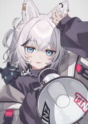 1girl absurdres black_jacket black_shirt blue_eyes chain chain_necklace grey_hair hair_between_eyes highres holding holding_megaphone jacket jewelry kmnz looking_at_viewer medium_hair megaphone multicolored_jacket necklace shibuki_pp shirt solo tina_(kmnz) two-tone_jacket virtual_youtuber white_jacket