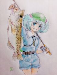 1girl animal backpack bag bass_(fish) beads black_undershirt blue_eyes blue_hair blue_jacket blue_shorts blush collar cowboy_shot fish fishing fishing_rod green_bag green_visor grin hair_beads hair_ornament highres holding holding_animal holding_fish holding_fishing_rod jacket key q-bee_(aaru) short_twintails shorts smile solo touhou traditional_media twintails white_background white_collar