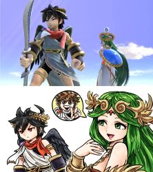1boy 1girl ahoge alternate_costume angel angel_wings annoyed black_hair blue_sky chain clenched_hand dark_pit game_screenshot_inset gold_chain green_eyes green_hair kicdon kid_icarus kid_icarus_uprising laurel_crown looking_at_another nintendo palutena pit_(kid_icarus) red_eyes shield silver_bow_(kid_icarus) sky super_smash_bros. v wings