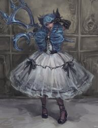 1girl absurdres black_bow black_gloves black_shoes blue_hair bow closed_mouth dress eff_(nymvey) gloves grey_dress gwen_(league_of_legends) hair_bow highres holding holding_scissors league_of_legends long_hair looking_at_viewer scissors shoes smile solo v