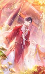 1boy artist_request bridge brooch brown_hair cherry_blossoms chinese_clothes closed_mouth crimson_phoenix_(shining_nikki) curtains dutch_angle earrings expressionless feet_out_of_frame fingernails flower folded_fan folding_fan game_cg grey_eyes hand_fan highres holding holding_fan jewelry layered_skirt light_particles lips long_skirt long_sleeves looking_at_viewer male_focus mandarin_collar marking_on_cheek nikki_(series) official_art outdoors outstretched_hand parted_bangs people petals pink_flower pink_sky qin_yi red_robe red_shirt red_skirt robe shining_nikki shirt short_hair single_earring skirt sky solo_focus sunset tangzhuang tassel tassel_earrings two-tone_shirt wedding white_shirt white_skirt wide_sleeves yellow_flower