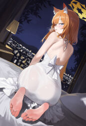 1girl absurdres animal_ear_fluff animal_ears ass bare_shoulders barefoot bed_sheet blue_archive blue_eyes blush cat_ears cat_girl commentary_request desk_lamp dress feet from_behind halo halterneck heavy_breathing highres indoors lamp looking_at_viewer looking_back mari_(blue_archive) night on_bed open_mouth orange_hair panties revision see-through_clothes see-through_dress seiza setakman sitting smile soles solo toes underwear white_dress white_panties yellow_halo