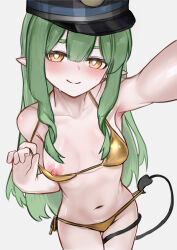 1girl absurdres bikini blue_archive blush breasts closed_mouth commentary demon_tail gold_bikini green_hair highres hikari_(blue_archive) long_hair nipples pointy_ears selfie sidelocks simple_background small_breasts solo swimsuit symbol-only_commentary tail wawamachi white_background yellow_eyes