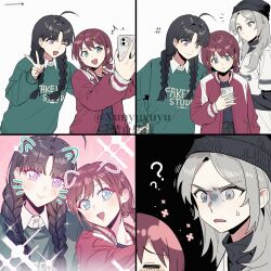 3girls ahoge awa_subaru beanie black_hair black_shirt blue_eyes blue_shirt blush braid brown_hair chinese_commentary closed_mouth collared_shirt commentary_request drawn_ears drawn_whiskers girls_band_cry green_eyes grey_eyes grey_hair hat iseri_nina jacket kawaragi_momoka layered_sleeves long_hair long_sleeves low_twintails multiple_girls parted_bangs purikura purple_eyes red_jacket shirt short_over_long_sleeves short_sleeves short_twintails simple_background twin_braids twintails white_background white_shirt xunyu_(manyu)