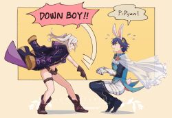 1boy 1girl alonemistrist animal_ears belt bikini blue_eyes blue_hair boots breasts brown_belt brown_boots cape chrom_(fire_emblem) chrom_(spring_exalt)_(fire_emblem) commentary commission down_boy!!_(meme) english_commentary english_text fake_animal_ears female_robin_(fire_emblem) fire_emblem fire_emblem_awakening fire_emblem_heroes from_side gloves highres legs long_hair looking_at_another medium_breasts meme nintendo official_alternate_costume pointing pointing_down purple_bikini rabbit_ears female_robin_(seaside_tactician)_(fire_emblem) second-party_source short_hair smile speech_bubble squatting standing swimsuit thigh_strap thighs twintails white_cape white_hair