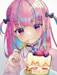 birthday_cake blue_hair blue_nails braid cake choker colored_inner_hair eating food fork hair_ornament hair_ribbon hairclip highres holding holding_fork hololive minato_aqua multicolored_hair nail_polish purple_eyes ribbon roya_(roya247) streaked_hair two-tone_hair
