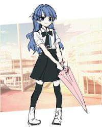 1girl black_bow black_bowtie black_skirt black_thighhighs blue_eyes blue_hair boots bow bowtie closed_mouth closed_umbrella collared_shirt commentary_request dress_shirt full_body half_updo highres holding holding_umbrella kanduki_kamibukuro lace-up_boots link!_like!_love_live! long_hair love_live! medium_skirt murano_sayaka murano_sayaka_(summer_casual) official_alternate_costume over-kneehighs photo_background pink_umbrella shirt short_sleeves skirt smile solo standing thighhighs umbrella white_boots white_shirt