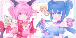 5girls absurdres aizawa_mint animal_ears blonde_hair blue_eyes blue_hair blush cat_ears cat_girl cat_tail chibi choker detached_sleeves double_bun fong_pudding fujiwara_zakuro gloves green_eyes green_hair hair_bun hano_luno highres holding jitome magical_girl masha_(tokyo_mew_mew) mew_ichigo mew_lettuce mew_mint mew_pudding mew_zakuro midorikawa_lettuce momomiya_ichigo monkey_ears monkey_girl monkey_tail multiple_girls open_mouth parted_bangs pendant_choker pink_eyes pink_hair purple_hair short_hair tail tokyo_mew_mew wings wolf_ears wolf_girl wolf_tail