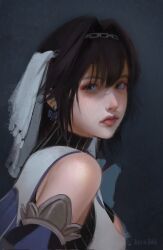1girl black_hair blue_eyes bow bow_earrings breasts chain chain_headband closed_mouth detached_sleeves earrings grey_background hair_intakes highres hololive hololive_english jewelry kuro_h66 large_breasts ouro_kronii ouro_kronii_(1st_costume) shirt solo veil virtual_youtuber white_shirt