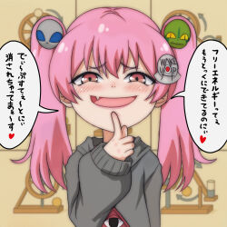 1girl alien_hair_ornament animal_hair_ornament arrow_(symbol) ball black_hoodie blush brown_eyes conspiracy conspiracy_theory_mesugaki_(t_jiroo) eye_of_providence fang finger_to_mouth free_energy hair_ornament heart hood hoodie jewelry lizard_hair_ornament long_hair long_sleeves looking_at_viewer mesugaki necklace open_mouth original perpetual_motion_machine pink_hair smile speech_bubble spoken_heart standing t_jiroo_(ringofriend) twintails ufo upper_body