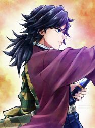 Rule 34 | artist name, belt, black hair, black jacket, black pants, blue eyes, brown background, closed mouth, demon slayer uniform, empty eyes, haori, highres, holding, holding sword, holding weapon, jacket, japanese clothes, katana, kimetsu no yaiba, kyouka gytn, long hair, low ponytail, pants, ponytail, red haori, sheath, spiked hair, sword, tomioka giyuu, unsheathing, upper body, weapon, white belt