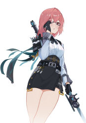 Rule 34 | 1girl, absurdres, armor, black gloves, black skirt, cowboy shot, dress shirt, glasses, gloves, hair between eyes, hakumai130, high-waist skirt, highres, holding, holding polearm, holding weapon, long hair, looking ahead, naginata, open mouth, pink eyes, pink hair, polearm, ring hair ornament, shirt, shoulder armor, sidelocks, simple background, skirt, solo, standing, tsukishiro yanagi, weapon, white background, white shirt, zenless zone zero