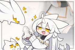 +++ 1girl :3 :d ahoge animal_ears black_shirt blush_stickers cardigan commentary_request covered_navel creature dorodra_(kisaragi_kaya) flipped_hair hair_between_eyes hair_flaps holding holding_toy kisaragi_kaya long_hair long_sleeves open_mouth original shirt sleeveless sleeveless_shirt sleeves_past_wrists smile sparkle toy turtleneck turtleneck_shirt very_long_hair white_cardigan white_hair yellow_eyes
