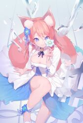 1girl absurdres animal_ear_fluff animal_ears ankle_flower ankle_garter ankle_ribbon arm_support blue_dress blue_eyes blue_flower blue_ribbon breasts cleavage closed_mouth collared_dress commentary_request commission dress flower from_above hair_between_eyes hair_flower hair_ornament hair_ribbon hashtag highres hizuki_rurufu holding holding_flower knee_up large_breasts layered_dress leg_ribbon long_bangs long_dress long_hair looking_at_viewer musical_note nilitsu no_socks on_floor outstretched_leg pink_nails ribbon second-party_source shoes sitting smile snack_nili solo tail three-quarter_sleeves two-tone_dress virtual_youtuber white_dress white_shoes wolf_ears wolf_girl wolf_tail