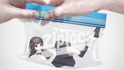 1girl 1other bag black_dress black_eyes black_hair black_shoes dress empty_eyes expressionless full_body highres holding holding_bag in_bag in_container legs_up loafers long_hair long_sleeves looking_at_viewer lying mini_person minigirl on_back original out_of_frame pinafore_dress pleated_dress school_uniform shirt shoes sleeveless sleeveless_dress socks solo solo_focus test_norma1 white_background white_shirt white_socks ziploc_bag
