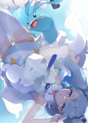 1girl 1other altaria bird blue_bird blue_nails blue_sky breasts cloud commentary detached_sleeves dress flying_miku_(project_voltage) gen_3_pokemon grey_eyes grey_hair hatsune_miku highres long_sleeves looking_at_viewer medium_breasts nintendo official_alternate_costume official_alternate_hairstyle open_mouth pokemon pokemon_(creature) project_voltage see-through_clothes see-through_skirt see-through_sleeves skirt sky u9ffo vocaloid white_dress