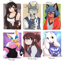 1boy 5girls animal animal_ears animal_hands animal_nose aqua_eyes arm_support arm_warmers artist_name bare_shoulders bat_ears bat_girl bat_wings beastars belt black_bodysuit black_eyes black_hair black_necktie black_wings blue_eyes blue_eyeshadow blue_hair blue_vest blush body_fur bodysuit boots border brand_new_animal breasts brown_eyes brown_hair character_name claws cleavage clothing_cutout collarbone collared_shirt crop_top dress earrings elbow_gloves english_text eyeshadow final_fantasy final_fantasy_vii flat_chest from_side furry furry_female furry_male gloves goat_ears goat_girl goat_horns green_fur grey_fur half-closed_eyes hand_up hands_up highres holding holding_animal horns jacket jewelry kagari_atsuko kagemori_michiru knee_boots knees_up leaning_back legoshi legs_together light_blush little_witch_academia long_hair long_sleeves looking_down looking_to_the_side makeup medium_breasts midriff multicolored_eyes multicolored_hair multiple_drawing_challenge multiple_girls necktie open_mouth outside_border pink_eyes purple_dress rabbit raccoon_ears raccoon_girl raglan_sleeves red_eyes red_jacket rouge_the_bat shirt short_hair shoulder_cutout sidelocks sideways_mouth sitting six_fanarts_challenge sketch sleeveless sleeveless_shirt snout sonic_(series) split_mouth suspenders swept_bangs teranen tifa_lockhart tongue tongue_out toriel two-tone_fur two-tone_hair undertale upper_body vest watermark white_border white_footwear white_fur white_gloves white_hair white_horns white_shirt wings wolf_boy wolf_ears