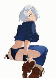 1girl angel_(kof) ass blue_eyes boots breasts chaps crop_top cropped_jacket fingerless_gloves gloves hair_over_one_eye highres invisible_chair large_breasts looking_at_viewer looking_back midriff nemui2242 panties short_hair sideboob sitting solo the_king_of_fighters underwear white_hair