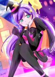 Rule 34 | 1girl, aqua eyes, artist name, artist request, black bow, black cape, black capelet, black choker, black gloves, black legwear, black ribbon, blush, bow, breasts, cape, capelet, castle, choker, cleavage, collarbone, cross-laced clothes, cross-laced dress, dancing stars on me!, dress, elbow gloves, female focus, frill trim, frilled dress, frilled skirt, frills, gloves, green eyes, hair between eyes, hair ornament, hair ribbon, hairclip, hat, long hair, long twintails, looking at viewer, love live!, love live! school idol project, low twintails, mini hat, mini witch hat, night, night sky, orange cape, outdoors, parted lips, plaid clothes, plaid skirt, pleated, pleated skirt, purple dress, purple hair, purple ribbon, purple skirt, ribbon, sitting, skirt, sky, small breasts, smile, solo, star (symbol), star hair ornament, star print, tojo nozomi, twintails, two-tone cape, white skirt, witch hat, yaygw (pixiv14578185)