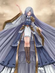 1girl absurdly_long_hair absurdres arm_up armor black_necktie blue_dress blush boots breasts brown_boots closed_eyes closed_mouth collared_shirt commentary_request curtained_hair dress flying full_body highres knee_boots large_breasts long_dress long_hair long_sleeves necktie obi obijime outdoors pauldrons pelvic_curtain sariel_(touhou) sash shirt shoulder_armor single_pauldron sky solo teruteru12 touhou touhou_(pc-98) very_long_hair wide_sleeves