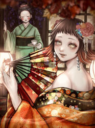 1boy 1girl bare_shoulders black_hair breasts brown_hair closed_eyes commentary_request cup earrings flower green_kimono hair_flower hair_ornament hand_fan highres holding holding_fan holding_tray japanese_clothes jewelry kimetsu_no_yaiba kimono makeup multicolored_hair obi orange_kimono sash shouji sliding_doors susamaru_(kimetsu_no_yaiba) tray two-tone_hair user_kntk3852 yahaba_(kimetsu_no_yaiba) yellow_eyes
