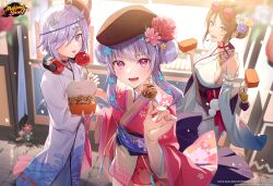 3girls absurdres beret blue_flower box breasts brown_eyes brown_hair brown_headwear candy_apple commentary english_commentary eyewear_on_head floral_print floral_print_kimono flower food hair_flower hair_ornament hair_over_one_eye hat headphones headphones_around_neck highres holding holding_box holding_food japanese_clothes kimono logo looking_at_viewer mahjong_soul mask medium_breasts multiple_girls official_art oni_mask open_mouth pink_eyes pink_flower pink_kimono print_kimono purple_hair small_breasts standing suzumiya_anju takanashi_hinata takoyaki terasaki_chihori tongue tongue_out wave_print zattape