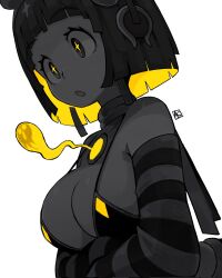 1girl :o ancient_egyptian_clothes andrewcockroach arms_under_breasts artist_name bare_shoulders bikini black_bikini black_hair blonde_hair blunt_bangs blunt_ends blush blush_stickers bob_cut breasts brown_eyes chest_jewel cleavage close-up colored_inner_hair commentary crossed_arms dark-skinned_female dark_skin detached_sleeves dutch_angle earrings eyelashes from_side gold_trim halterneck headdress highres initial jewelry large_breasts looking_afar looking_ahead multicolored_hair neck_ring open_mouth original partially_colored pendant_earring raised_eyebrows short_hair signature simple_background solo sparkling_eyes spirit spot_color straight_hair striped_sleeves swimsuit upper_body uraeus white_background yellow_gemstone