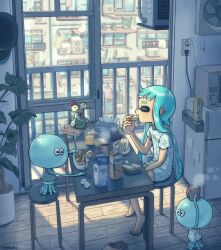 1girl absurdres air_conditioner aqua_hair artist_name baseball_cap black_headwear black_shirt book building cable carton closed_eyes clothes_hanger clothesline coffee coffee_mug commentary_request cup day eating electrical_outlet food fork glass_door hat highres holding holding_cup holding_food holding_fork holding_knife indoors inkling inkling_girl inkling_player_character jellyfish_(splatoon) juice kitchen_knife knife laundry light_particles long_hair microwave milk milk_carton moromi_(kscd4482) mug nintendo on_stool orange_juice pancake paper plant plate potted_plant print_shirt profile refrigerator sandwich scenery shirt short_eyebrows short_sleeves sidelocks sitting slice_of_life sliding_doors slippers smallfry_(splatoon) splatoon_(series) spoon steam stool suction_cups t-shirt table tentacle_hair tissue_box tongue very_long_hair white_shirt wooden_floor yawning