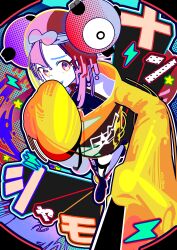 1girl :d absurdres bow-shaped_hair character_hair_ornament character_name commentary_request hair_ornament highres iono_(pokemon) jacket kurea_(jjvt3228) lightning_bolt_symbol long_sleeves nintendo open_mouth pokemon pokemon_sv purple_eyes purple_hair revision selfie selfie_stick shoes sleeves_past_fingers sleeves_past_wrists smile solo teeth thigh_strap upper_teeth_only yellow_jacket