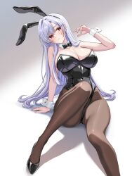 1girl absurdres animal_ear_hairband animal_ears arm_support bare_shoulders black_bow black_bowtie black_leotard black_pantyhose black_shoes blush bow bowtie breasts cleavage commission commissioner_upload cosplay covered_navel detached_collar eiai_nano expressionless fake_animal_ears grey_hair hairband hand_up high_heels highleg highleg_leotard highres kimi_no_koto_ga_dai_dai_dai_dai_daisuki_na_100-nin_no_kanojo large_breasts leotard long_hair looking_at_viewer non-web_source pantyhose playboy_bunny pumps rabbit_ear_hairband rabbit_ears red_eyes sakurajima_mai sakurajima_mai_(cosplay) seishun_buta_yarou seto_asami shoes sitting skeb_commission solo straight_hair strapless strapless_leotard traditional_bowtie tsukiyuki_mike tsurime voice_actor_connection white_wrist_cuffs wrist_cuffs